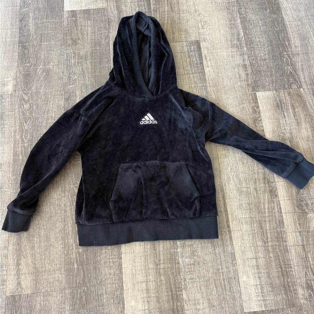 adidas Black Plush Pullover Hoodie with White Logo